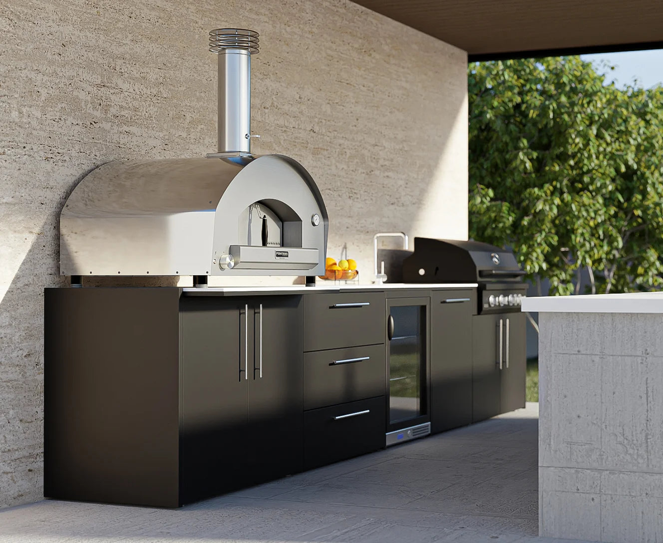 Elysia Forno Lunga outdoor kitchen by Fontana next to wall