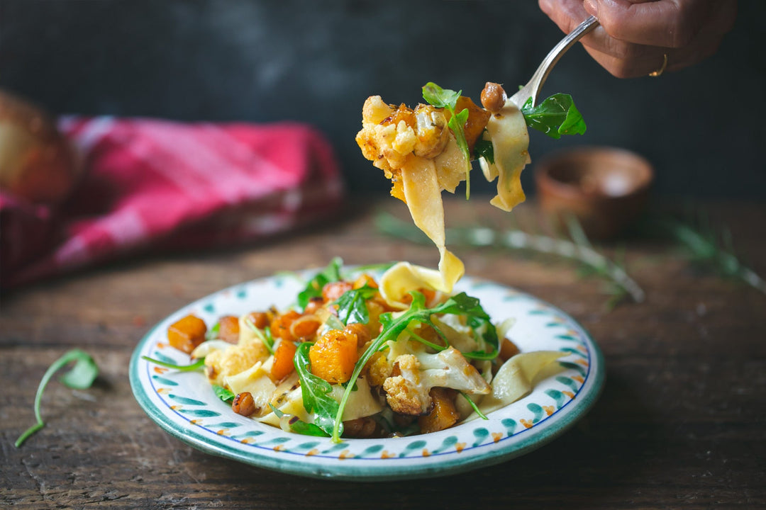 Roasted Cauliflower, Butternut Squash and Chickpeas over Tagliatelle