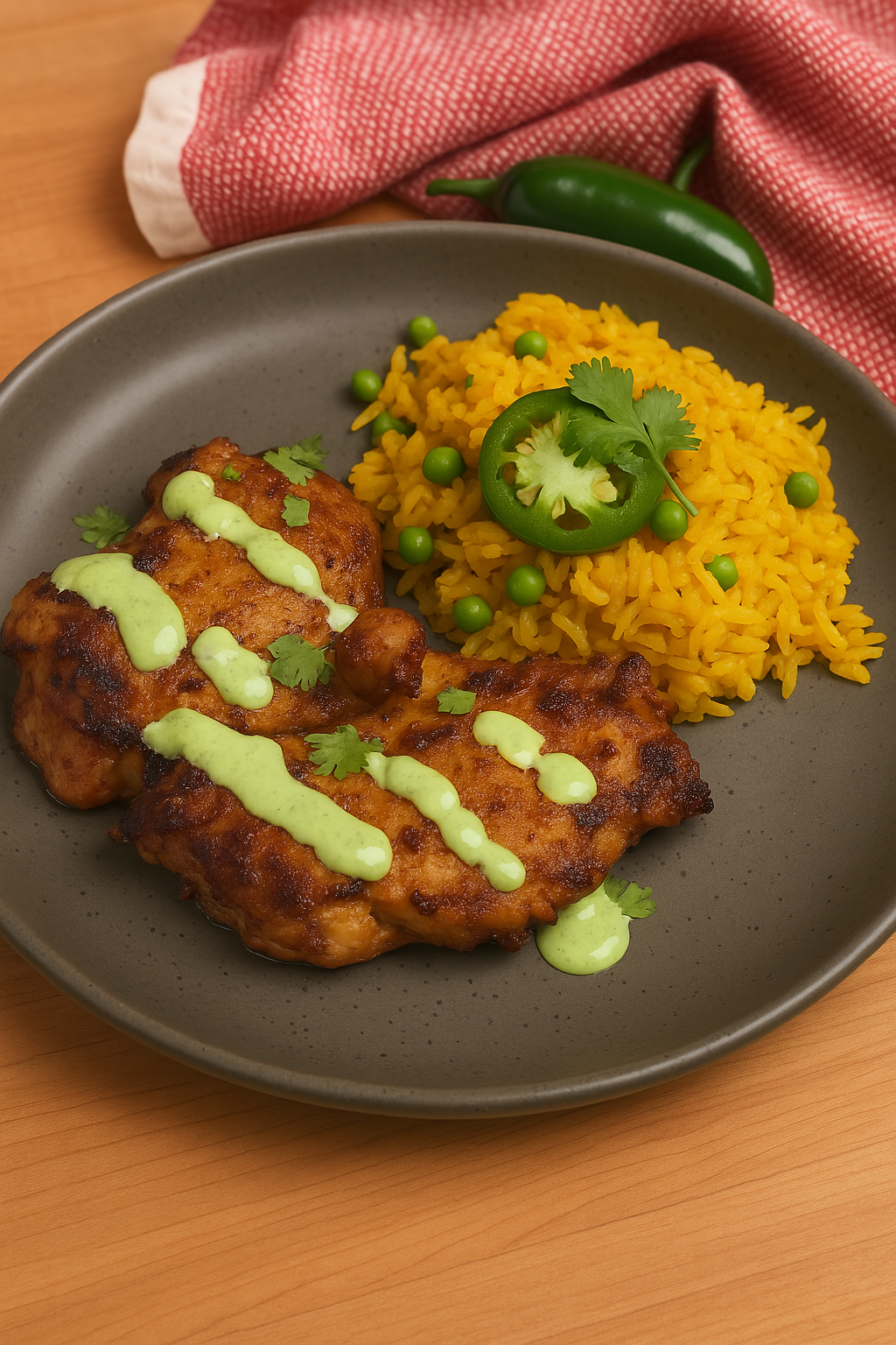 Peruvian-Style Grilled Chicken with Green Sauce & Yellow Rice