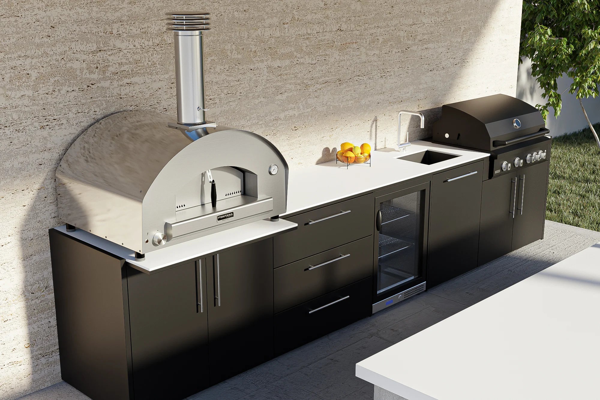 Elysia Forno Lunga outdoor kitchen by Fontana next to wall top down