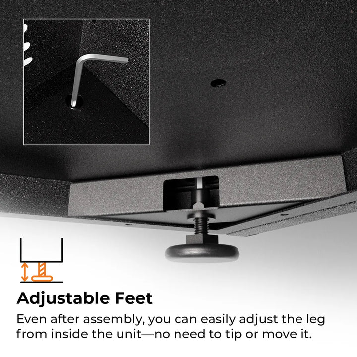 Feet on bottom of module with threaded post and inset of allen wrench demonstrating how to adjust feet