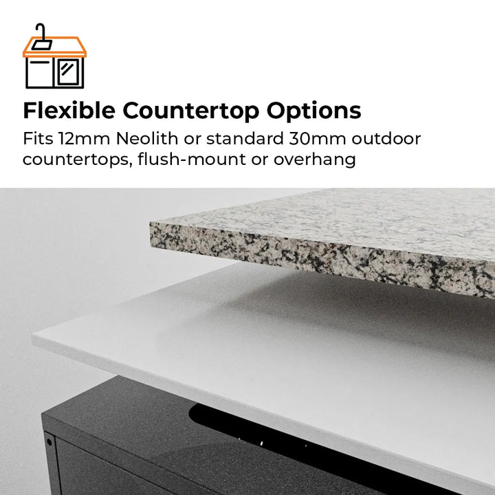 Close up of 12mm Neolith and standard 30mm stone outdoor countertop options, indicating flush-mount or overhang optional