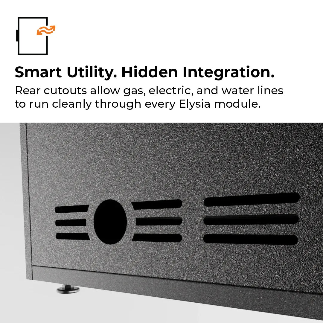Cutouts on rear of a module for exhaust, rear cutouts allow gas, electric and water lines to run cleanly