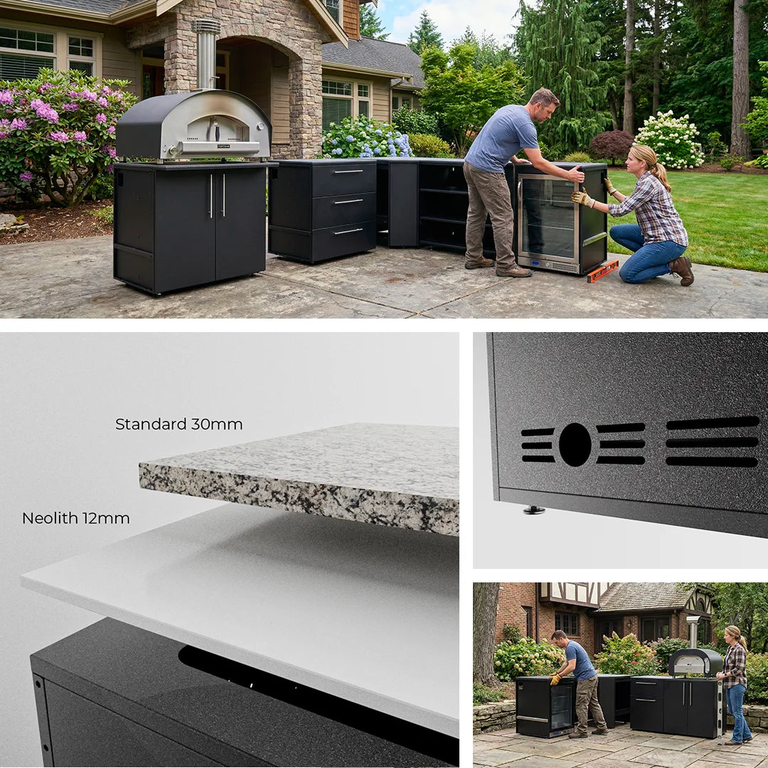 Elysia Outdoor kitchen setup with a pizza oven and storage units, featuring Neolith countertops on a patio area.