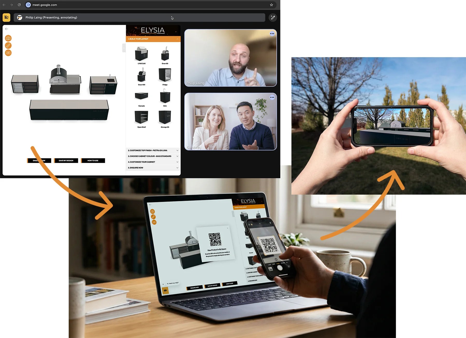 Collage of a computer screen showing a Elysia outdoor kitchen configurator with sales consultant, a smartphone with a QR code, and a person using a smartphone with AR of the Elysia outdoor kitchen. 