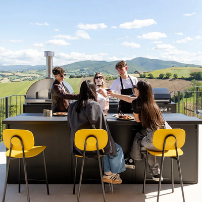 Group of 5 young adults clinking wine glasses over dinner set on one side of two-sided Elysia outdoor kitchen configuration with yellow barstools on patio overlooking green hills
