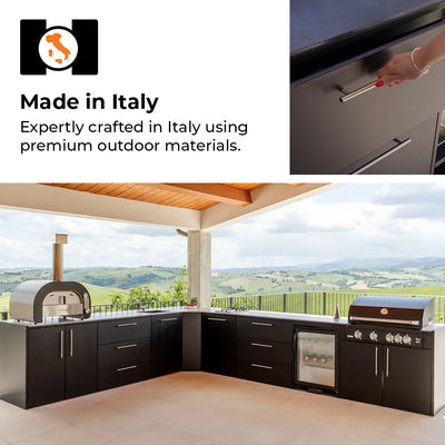 Elysia L configuration on patio with inset of woman's hand opening drawer and icon of flag with outline of Italy