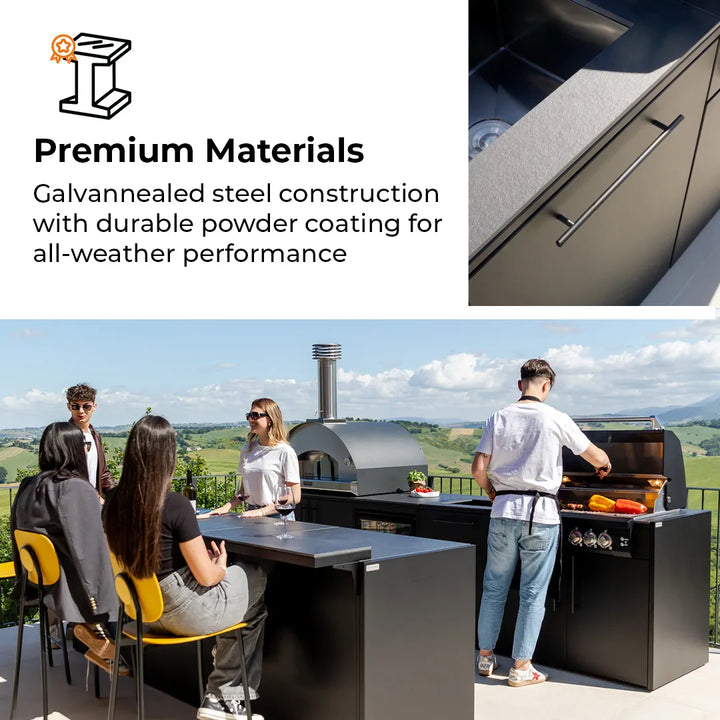 Close up of Elysia module showing the galvanealed steel construction and durable powder coating, plus a group of 5 young adults grilling and chatting at an Elysia Outdoor Kitchen