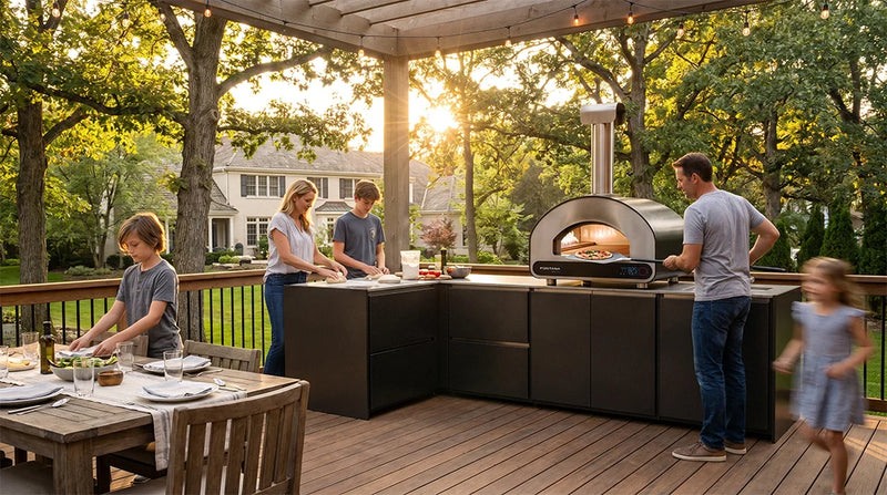 ember outdoor kitchen family on deck making pizza for dinner