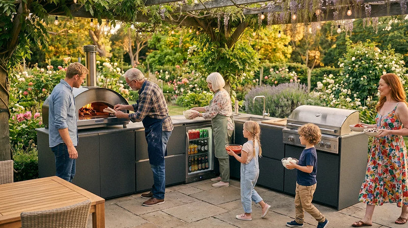 Ember Outdoor kitchen - pizza party at the grandparents - adding wood