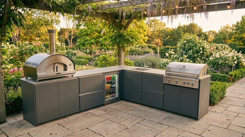 ember outdoor kitchen on a patio in the garden